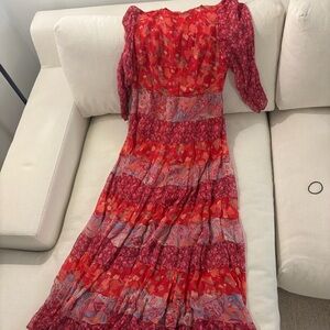 RIXO Red and Purple Long Sleeve Dress